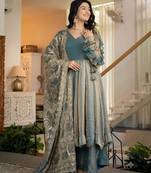 Women teal blue metallic tissue anarkali kurti with flared skirt & embroidered dupatta set