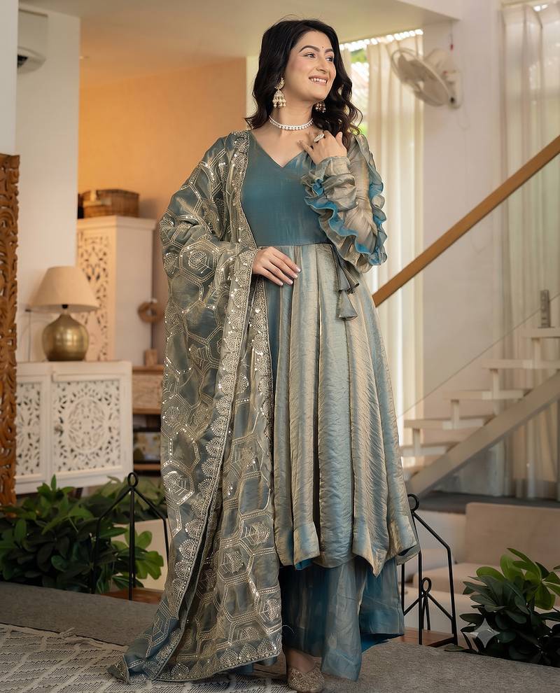 Women teal blue metallic tissue anarkali kurti with flared skirt & embroidered dupatta set