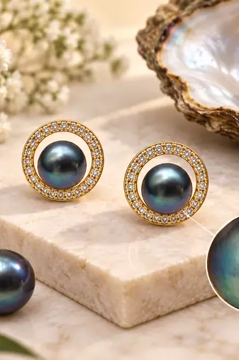 Certified natural freshwater pearls jewellery black pearl stud earrings with gold-tone cz halo for women