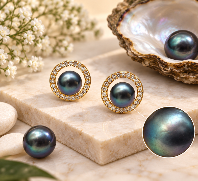 Certified natural freshwater pearls jewellery black pearl stud earrings with gold-tone cz halo for women