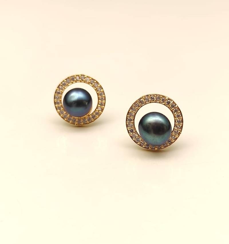 Certified natural freshwater pearls jewellery black pearl stud earrings with gold-tone cz halo for women