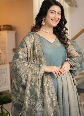 Women teal blue metallic tissue anarkali kurti with flared skirt & embroidered dupatta set 2