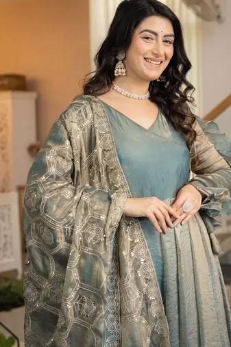 Women teal blue metallic tissue anarkali kurti with flared skirt & embroidered dupatta set