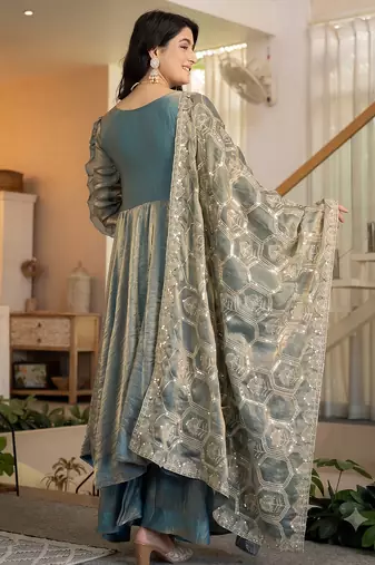Women teal blue metallic tissue anarkali kurti with flared skirt & embroidered dupatta set