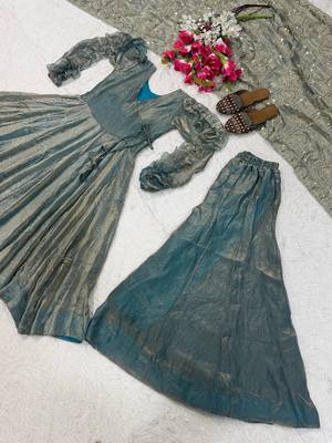 Women teal blue metallic tissue anarkali kurti with flared skirt & embroidered dupatta set 4