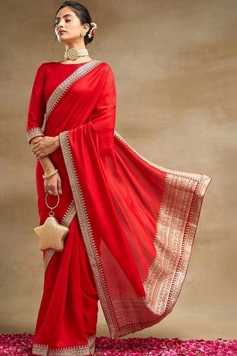 Red  and Gold-Toned Embroidered Silk Blend Designer Saree