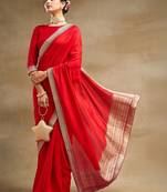 Red  and Gold-Toned Embroidered Silk Blend Designer Saree