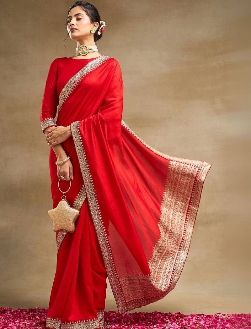 Red  and Gold-Toned Embroidered Silk Blend Designer Saree