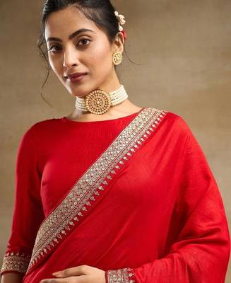 Red  and Gold-Toned Embroidered Silk Blend Designer Saree 3