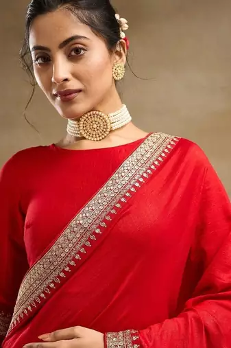 Red  and Gold-Toned Embroidered Silk Blend Designer Saree
