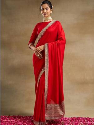 Red  and Gold-Toned Embroidered Silk Blend Designer Saree 4
