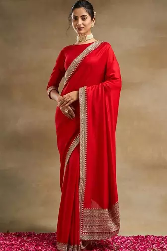 Red  and Gold-Toned Embroidered Silk Blend Designer Saree