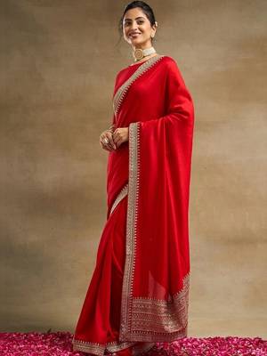 Red  and Gold-Toned Embroidered Silk Blend Designer Saree 5