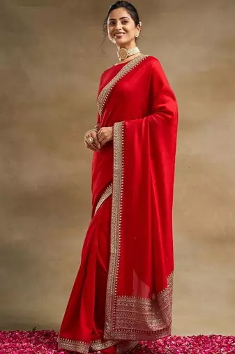 Red  and Gold-Toned Embroidered Silk Blend Designer Saree