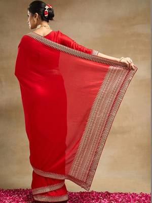 Red  and Gold-Toned Embroidered Silk Blend Designer Saree 6