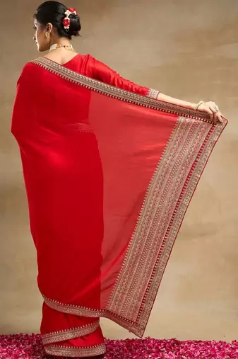Red  and Gold-Toned Embroidered Silk Blend Designer Saree