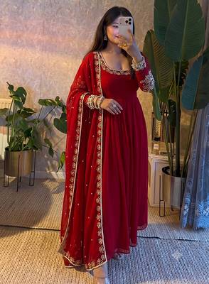 Red embroidered gown set for karwa chauth, diwali & wedding guest 1