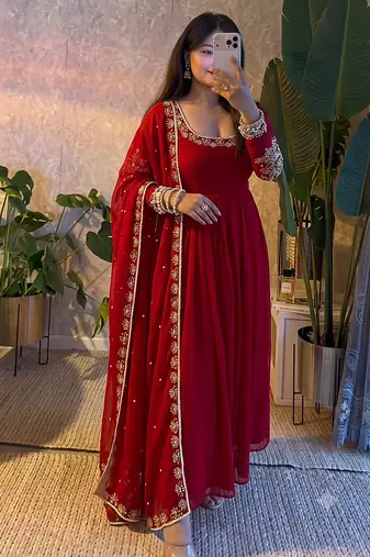 Red embroidered gown set for karwa chauth, diwali & wedding guest