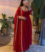 Red embroidered gown set for karwa chauth, diwali & wedding guest