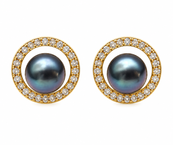 Certified natural freshwater pearls jewellery black pearl stud earrings with gold-tone cz halo for women 5