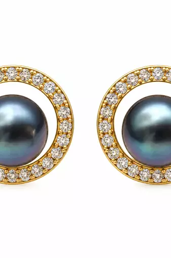 Certified natural freshwater pearls jewellery black pearl stud earrings with gold-tone cz halo for women