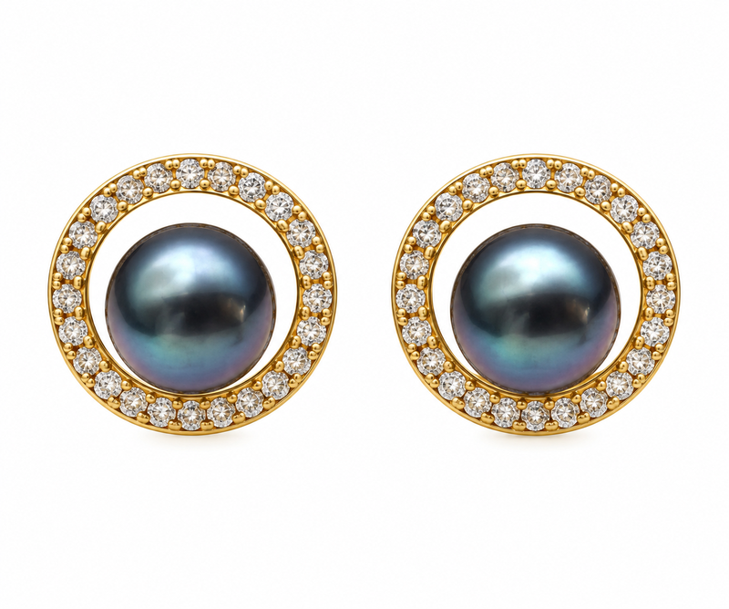 Certified natural freshwater pearls jewellery black pearl stud earrings with gold-tone cz halo for women
