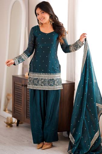 Peacock teal fendy silk blend farshi suit set