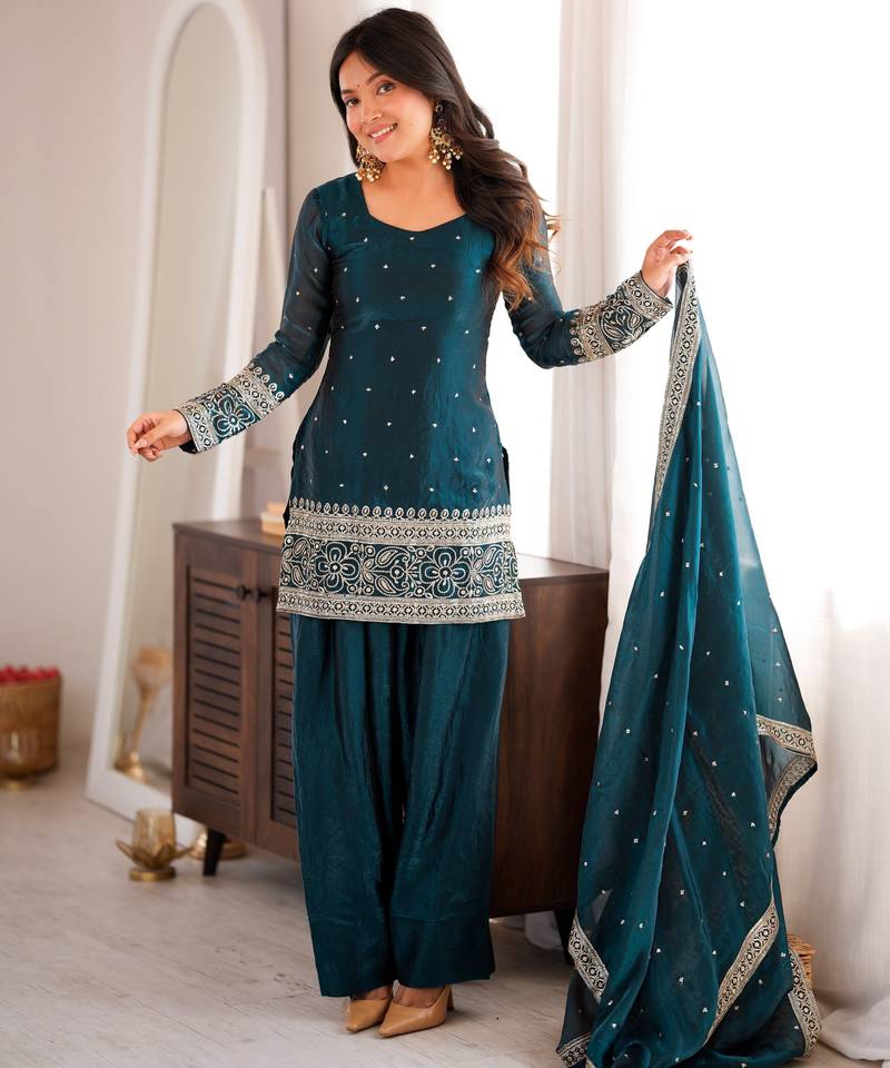 Peacock teal fendy silk blend farshi suit set