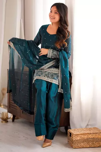 Peacock teal fendy silk blend farshi suit set