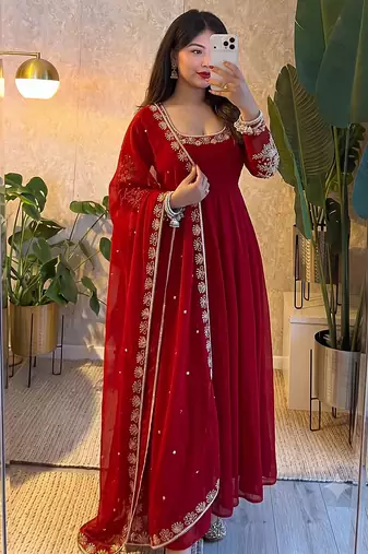 Red embroidered gown set for karwa chauth, diwali & wedding guest