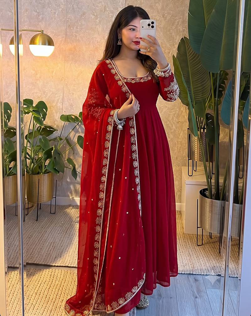 Red embroidered gown set for karwa chauth, diwali & wedding guest
