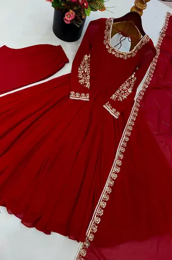 Red embroidered gown set for karwa chauth, diwali & wedding guest
