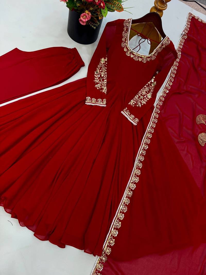 Red embroidered gown set for karwa chauth, diwali & wedding guest