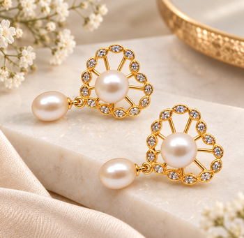 Certified natural freshwater pearls jewellery freshwater pearl drop earrings with gold-tone cz floral frame 1