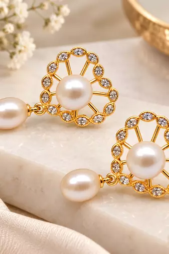 Certified natural freshwater pearls jewellery freshwater pearl drop earrings with gold-tone cz floral frame