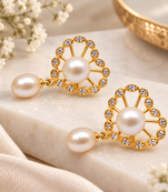 Certified natural freshwater pearls jewellery freshwater pearl drop earrings with gold-tone cz floral frame