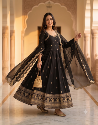 Black embroidered anarkali kurta with pant and dupatta set for women 1
