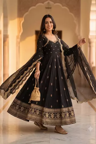 Black embroidered anarkali kurta with pant and dupatta set for women