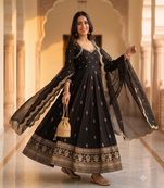 Black embroidered anarkali kurta with pant and dupatta set for women