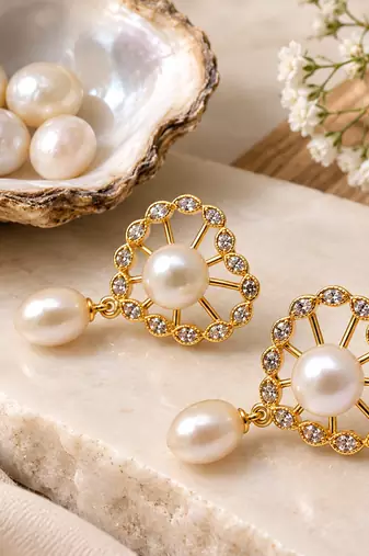 Certified natural freshwater pearls jewellery freshwater pearl drop earrings with gold-tone cz floral frame