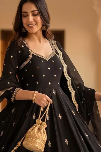Black embroidered anarkali kurta with pant and dupatta set for women