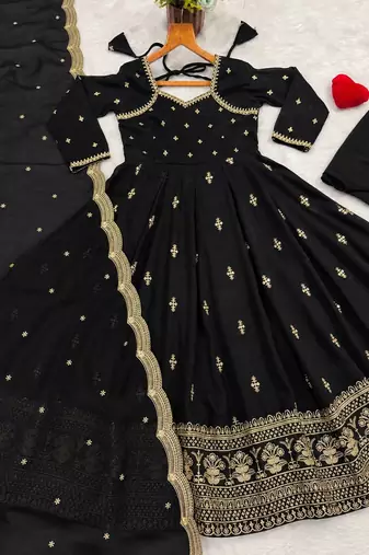 Black embroidered anarkali kurta with pant and dupatta set for women