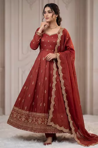 Rust embroidered anarkali kurta with pant and dupatta set for women