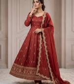 Rust embroidered anarkali kurta with pant and dupatta set for women