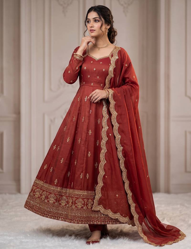 Rust embroidered anarkali kurta with pant and dupatta set for women