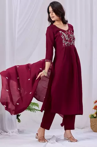 Wine embroidered mul cotton kurta pant dupatta set