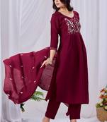 Wine embroidered mul cotton kurta pant dupatta set