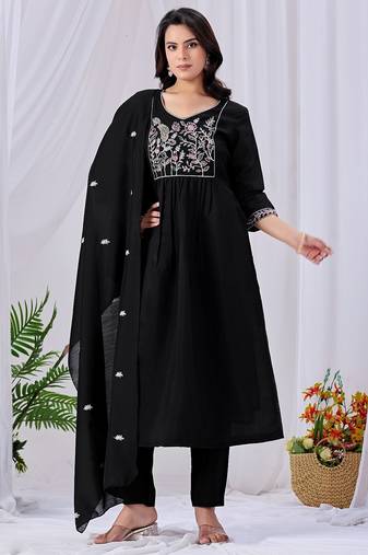Black embroidered mul cotton kurta pant dupatta set