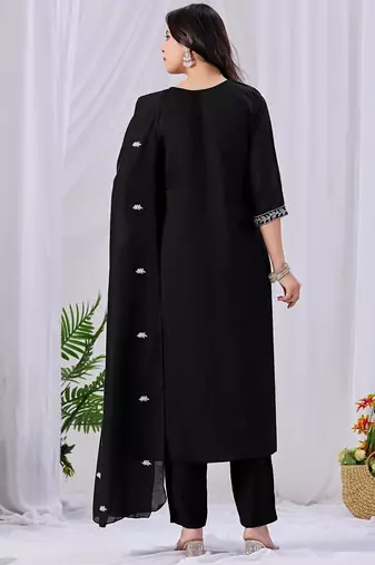 Black embroidered mul cotton kurta pant dupatta set
