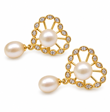 Certified natural freshwater pearls jewellery freshwater pearl drop earrings with gold-tone cz floral frame 4